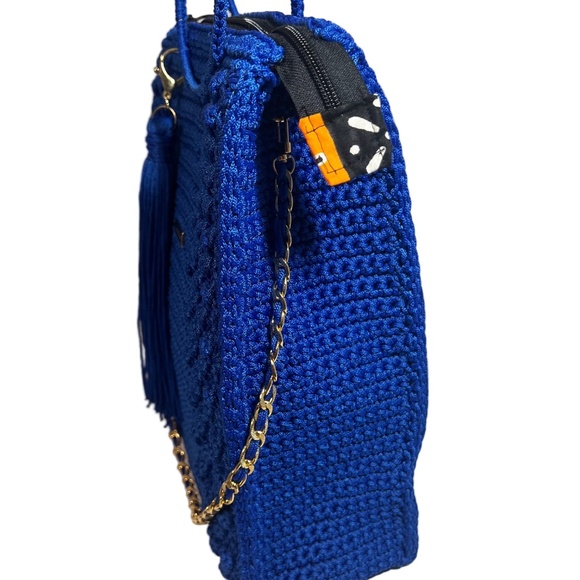 Handmade Blue African Print Crochet Trapezoid Handbag - Picture 4 of 5
